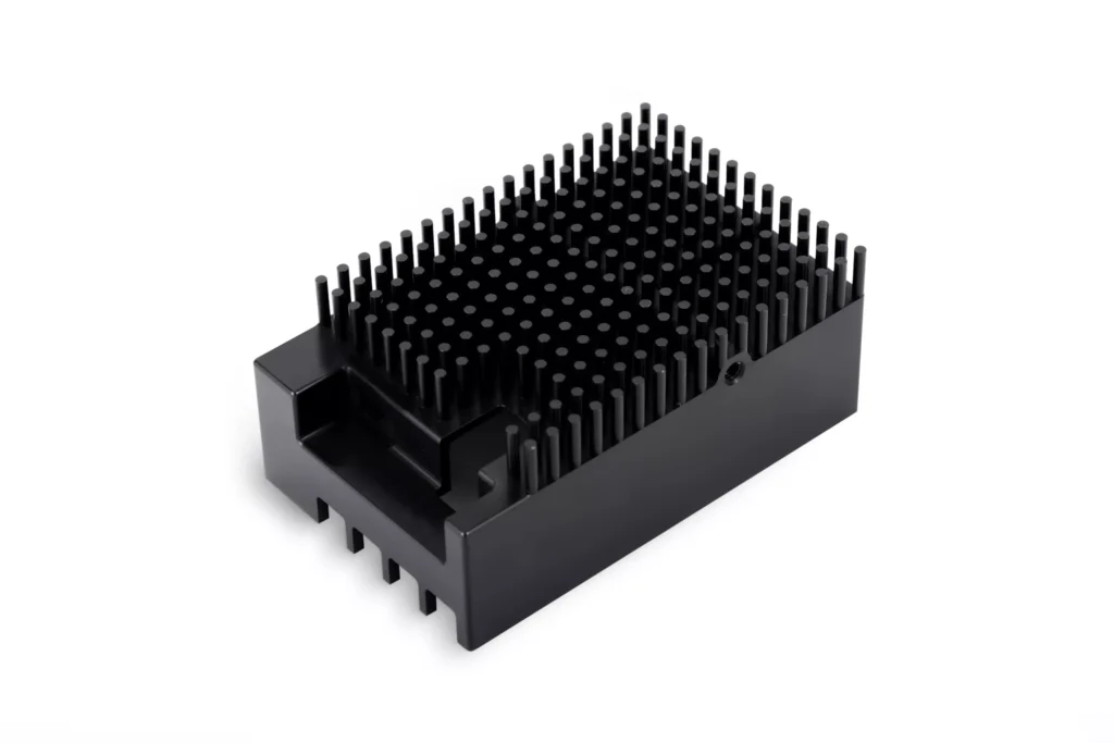Black metal heat sink with vertical fins