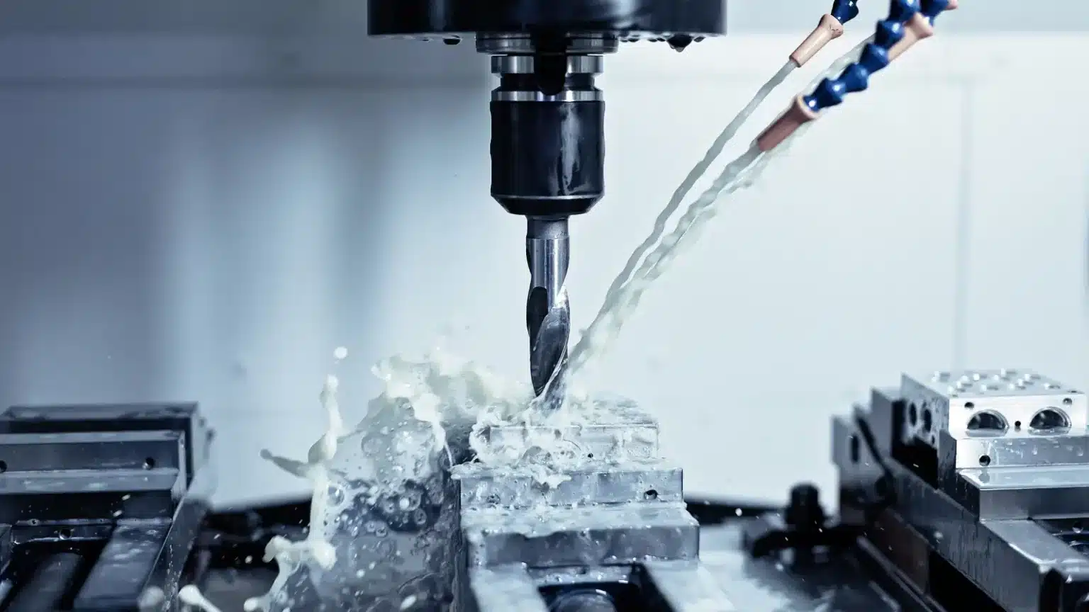 CNC machine drilling metal with coolant spray.