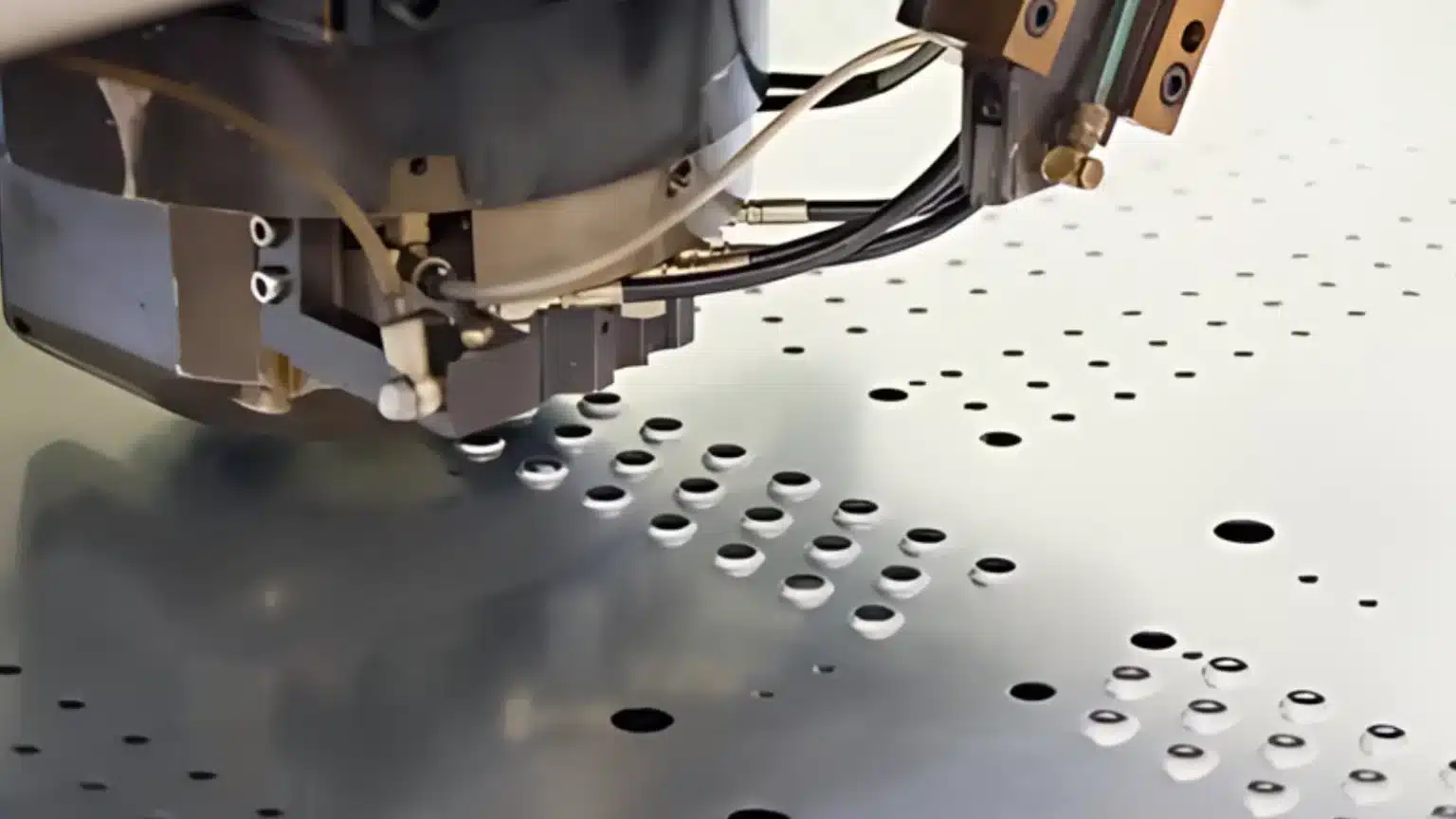 CNC machine punching holes in metal sheet