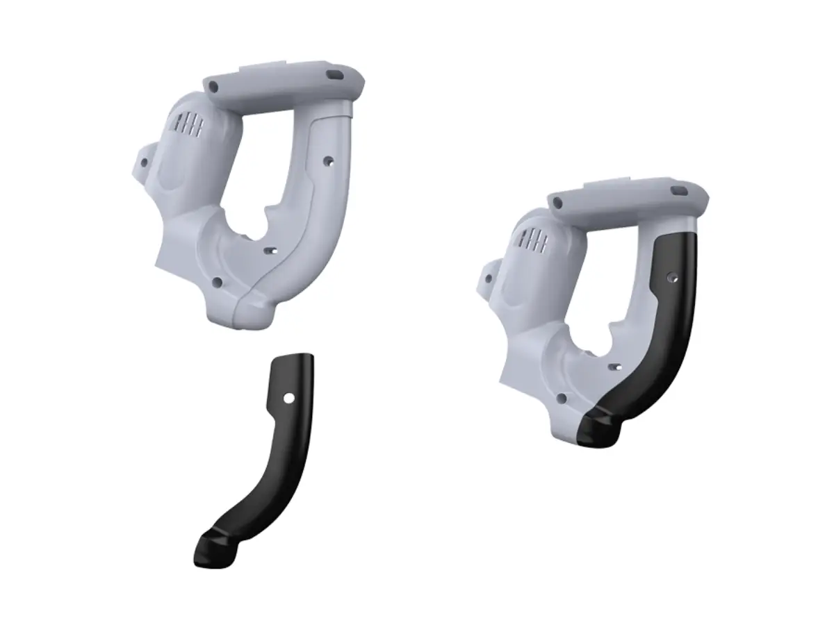 White and black detachable ergonomic handles with screws.
