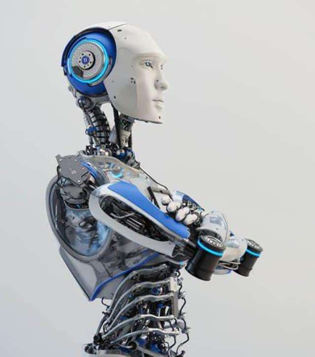 Futuristic humanoid robot with blue accents