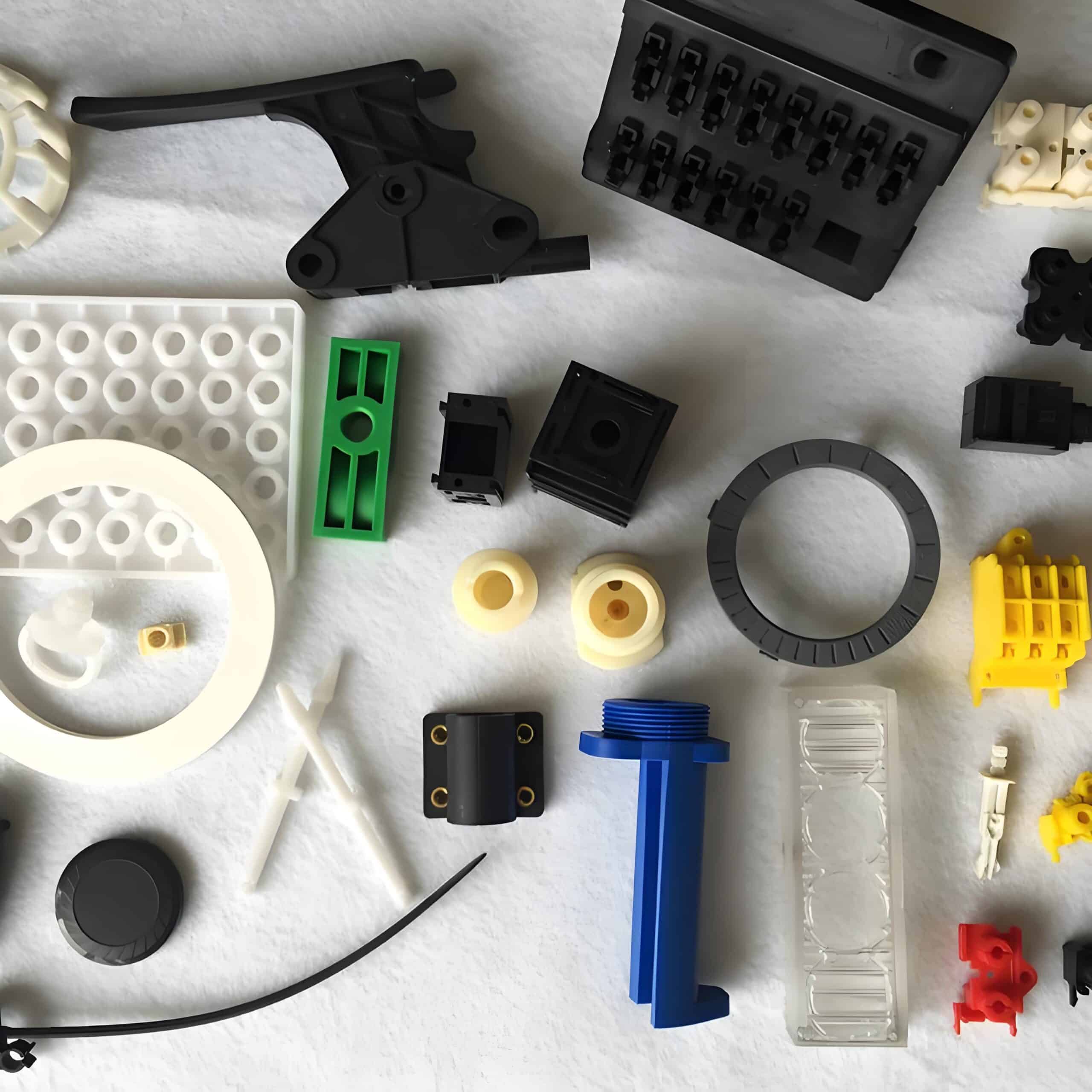 テーブルの上に並べられたさまざまなプラスチック部品。