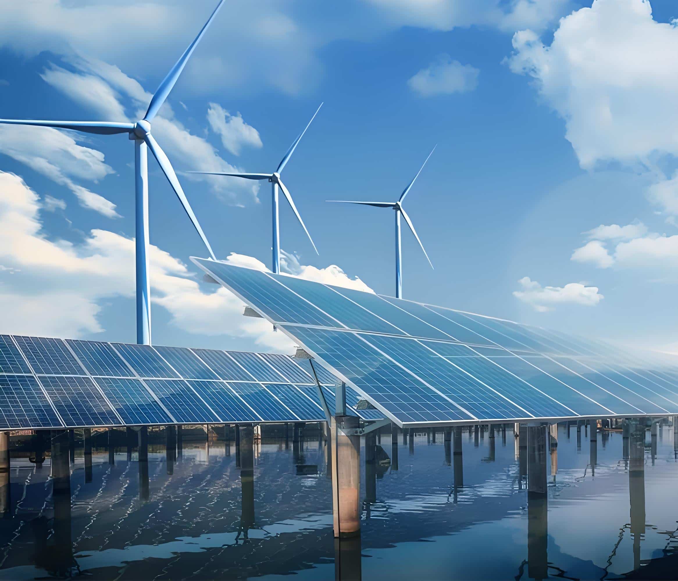 Solar panels and wind turbines in clean energy farm.