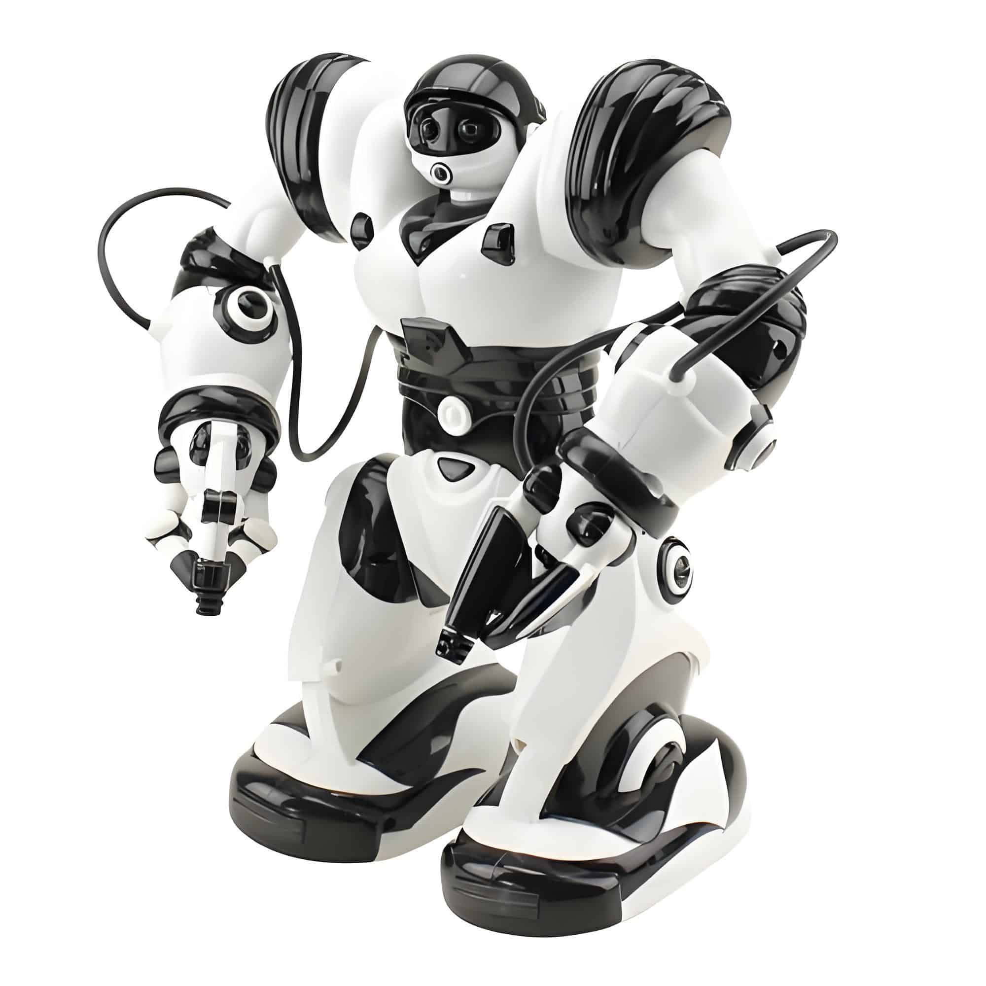 White and black humanoid robot with wires