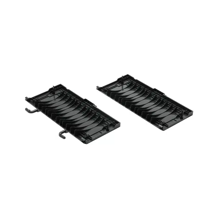 Two black plastic cable management trays.