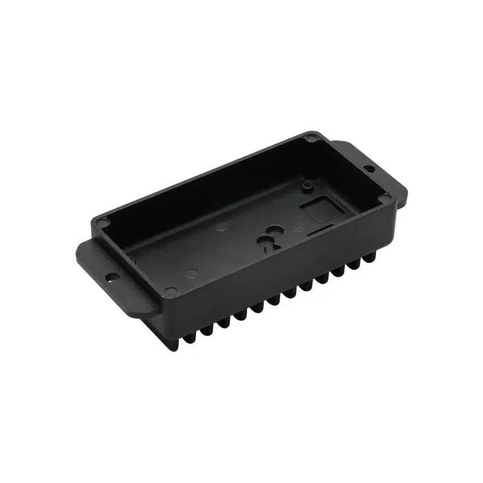 Black plastic electronic case with mounting flanges