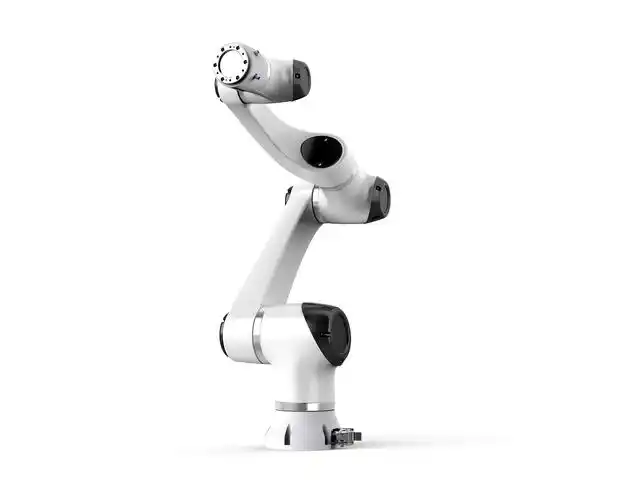 White industrial robotic arm on white background